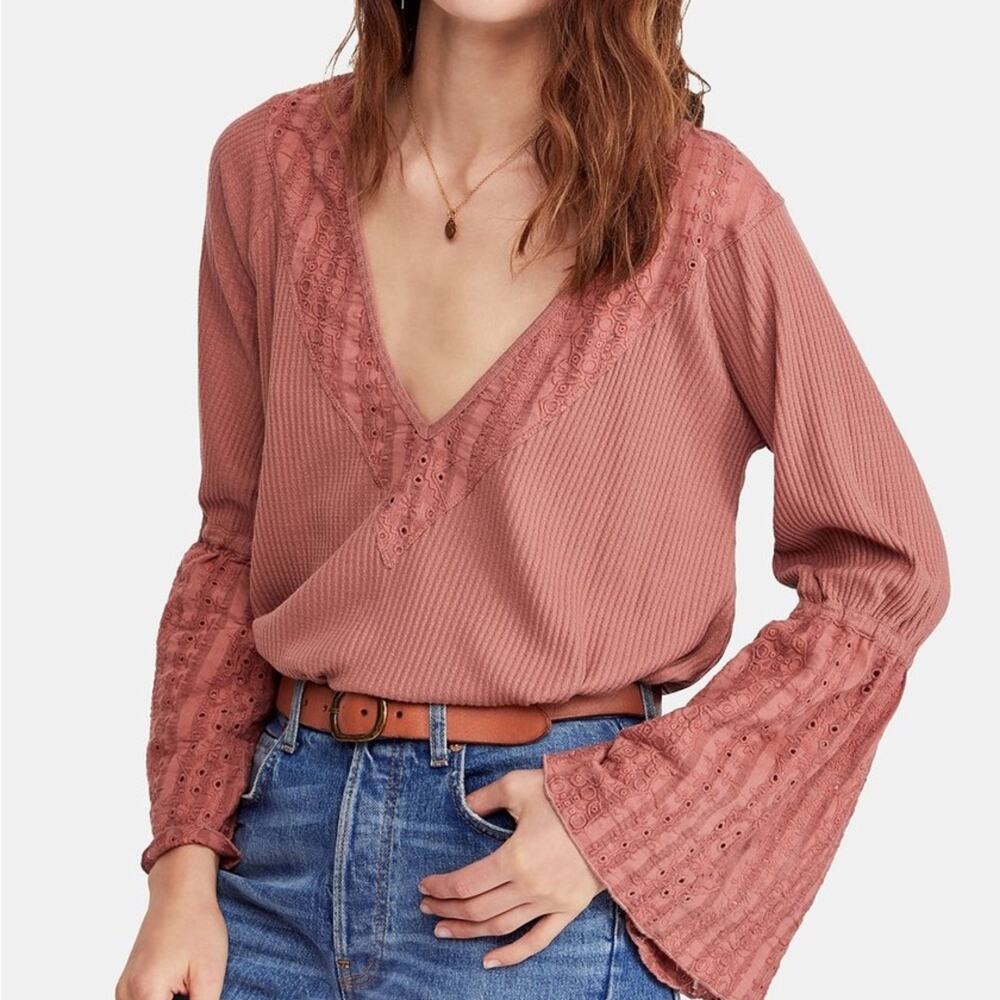 Free People Blush Pink Parisian Nights Bell Sleeve Eyelet Top Size XS